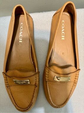 COACH Tan Leather Penny Loafers with Gold Plaque